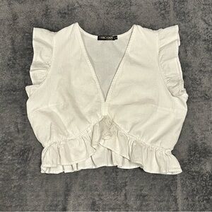 Fancyinn White Ruffle Wrap Crop Top with Flutter Sleeves